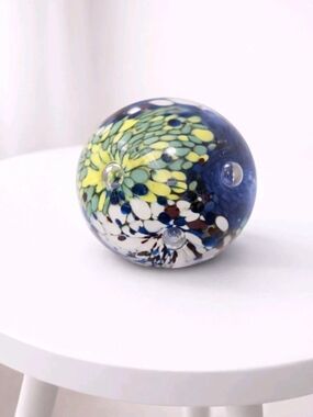 1980s Hand Blown Art Glass Paperweight 2.5” Blue Green Yellow Millefiori Orb